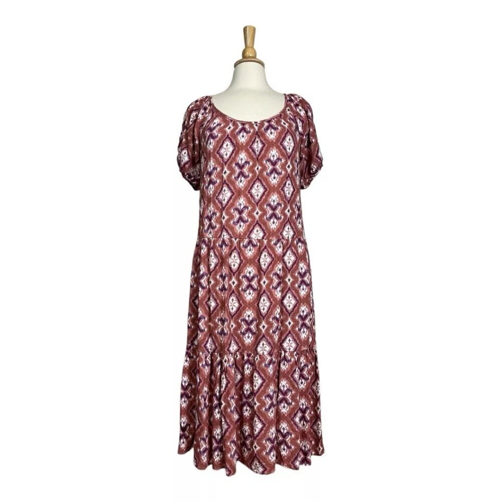 Knox Rose Ruffle Tiered Dress XS Brown White Midi Pockets Rayon Unlined